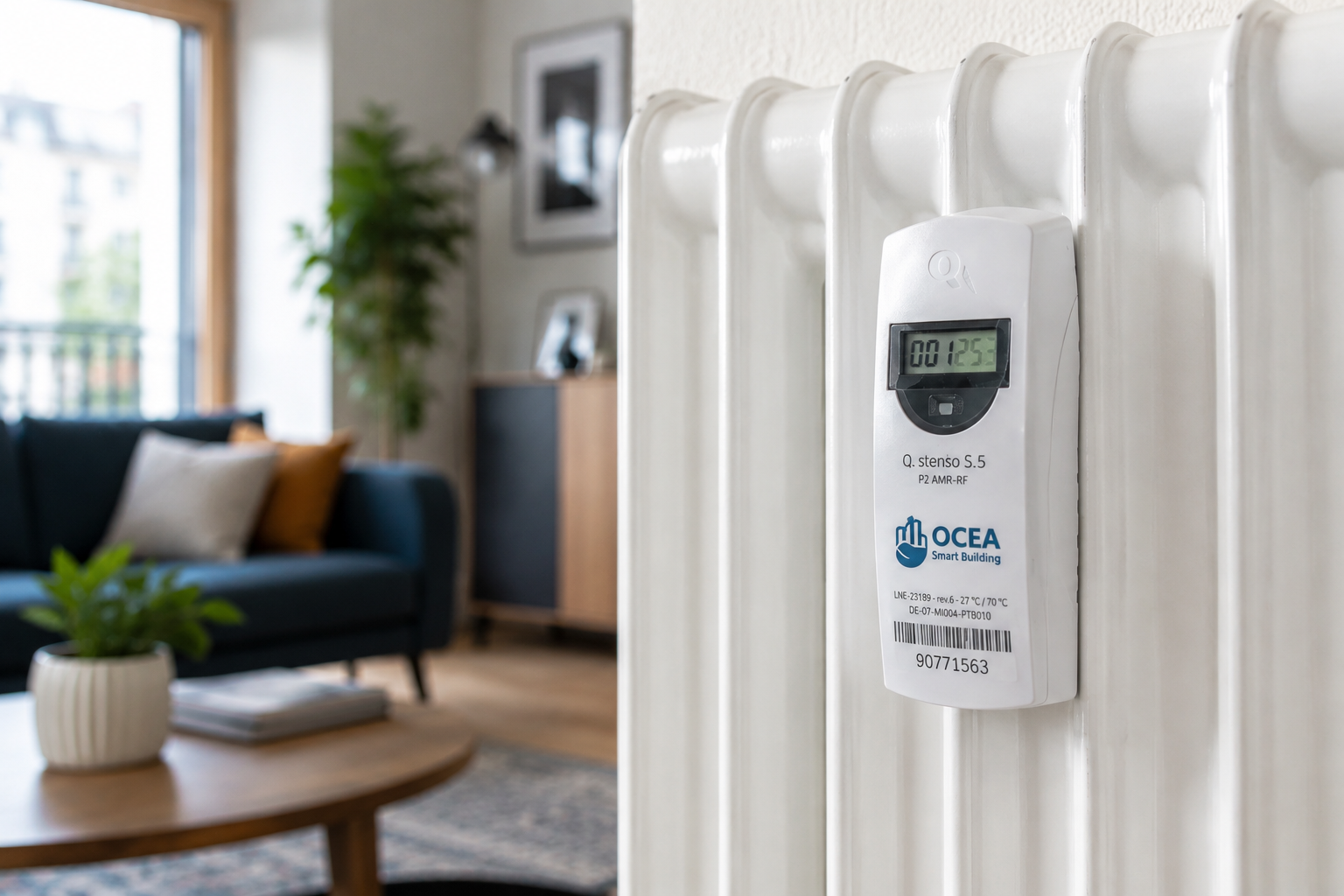 Répartiteur de frais de chauffage OCEA installé sur un radiateur dans un logement collectif afin de mesurer les consommations individuelles de chauffage.