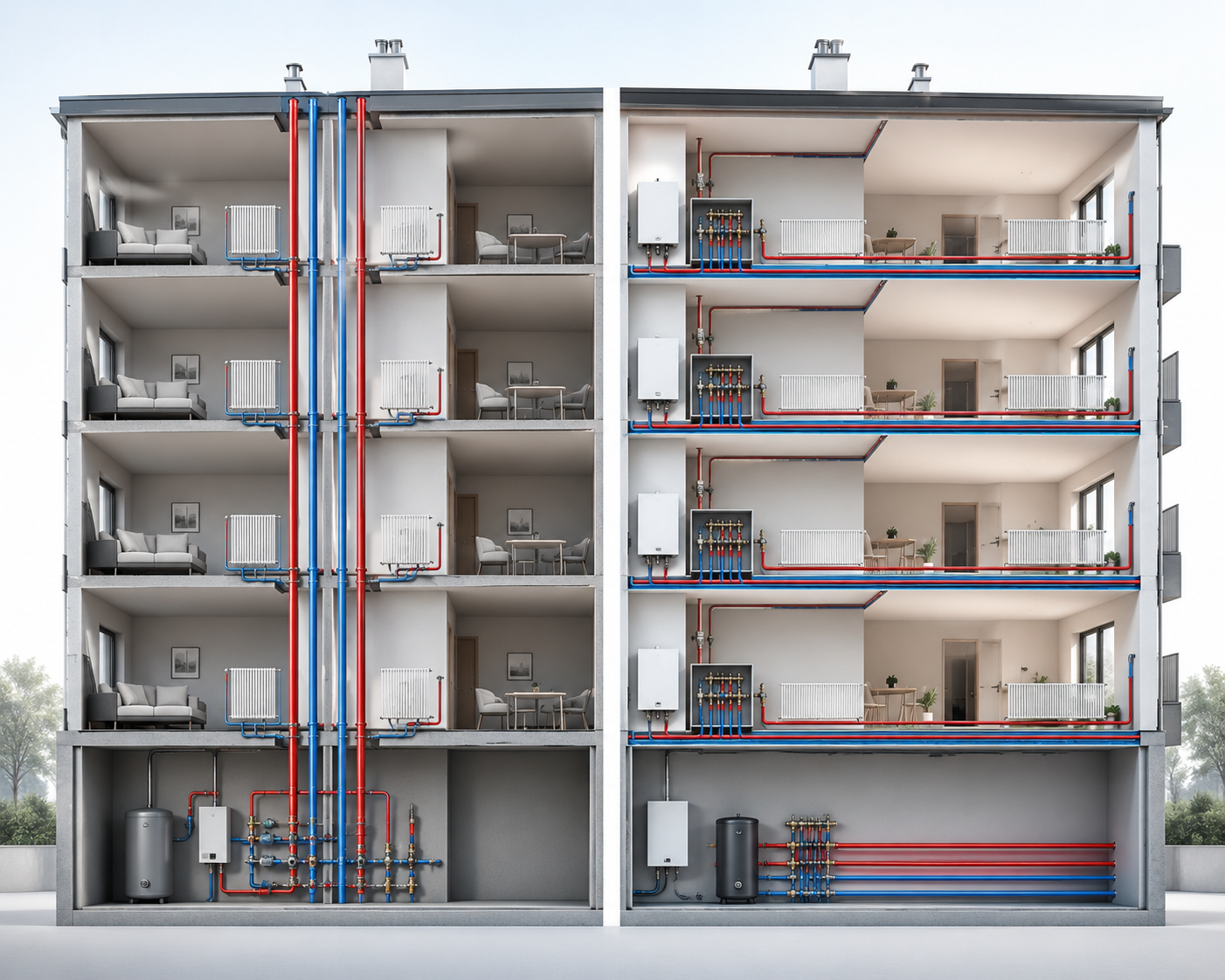 Schéma comparatif entre un réseau de chauffage collectif à colonnes verticales et un réseau horizontal en copropriété