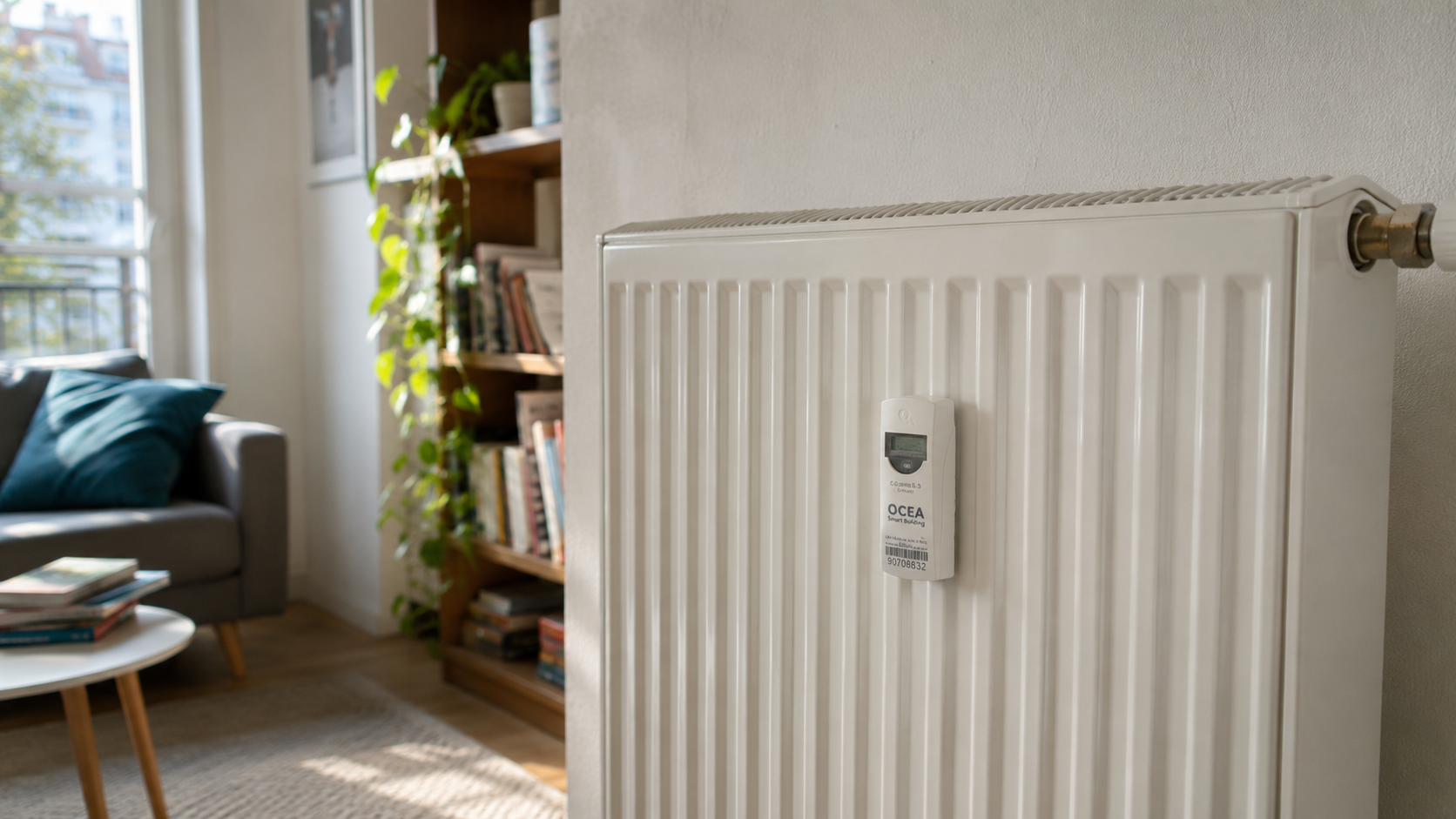 Répartiteur de frais de chauffage électronique installé sur un radiateur dans un logement collectif.