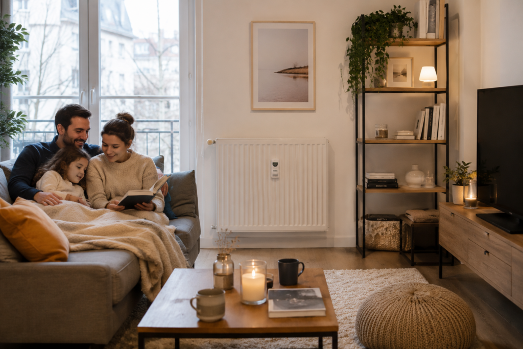 Salon confortable équipé d'un radiateur avec répartiteur de frais de chauffage permettant d'améliorer le confort thermique et de réduire les consommations.