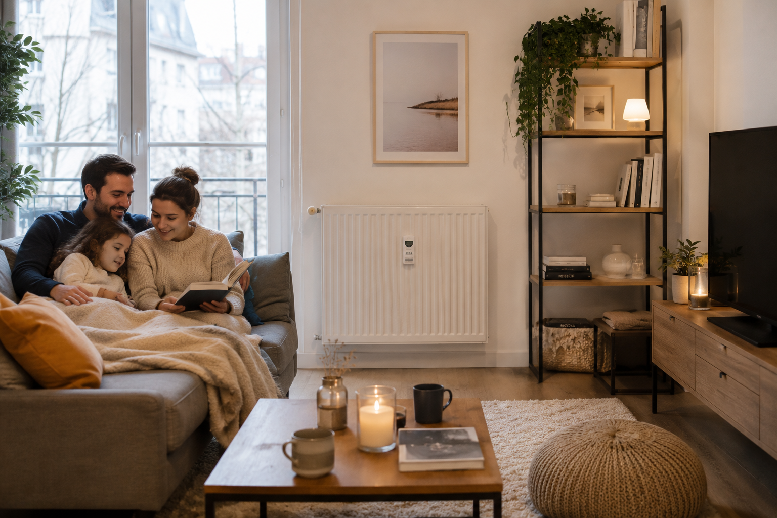 Salon confortable équipé d'un radiateur avec répartiteur de frais de chauffage permettant d'améliorer le confort thermique et de réduire les consommations.