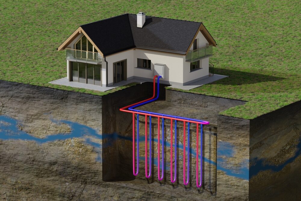 Maison équipée d’un système de géothermie avec échangeur en sous-sol, illustrant une solution d’énergie décarbonée pour réduire l’empreinte carbone, améliorer le DPE et valoriser le patrimoine immobilier - OCEA Smart Building