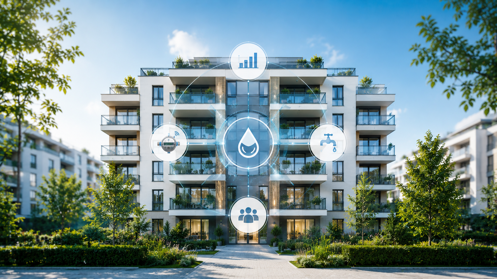 Immeuble collectif moderne équipé de compteurs d'eau connectés et de solutions de télérelève pour le suivi des consommations.