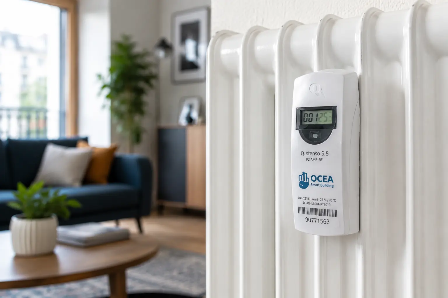 Répartiteur de frais de chauffage OCEA installé sur un radiateur dans un logement collectif afin de mesurer les consommations individuelles de chauffage.